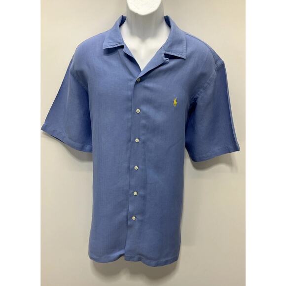Vintage Polo Ralph Lauren Blue Short Sleeve Shirt Mens XL Linen Silk Blue - Picture 1 of 7